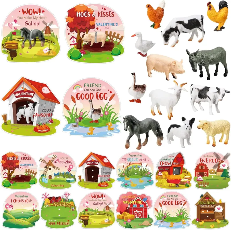 best valentine gifts for kids aged 8-12 - Capoda 24 Pack Farm Animal Toys with Valentine's Cards