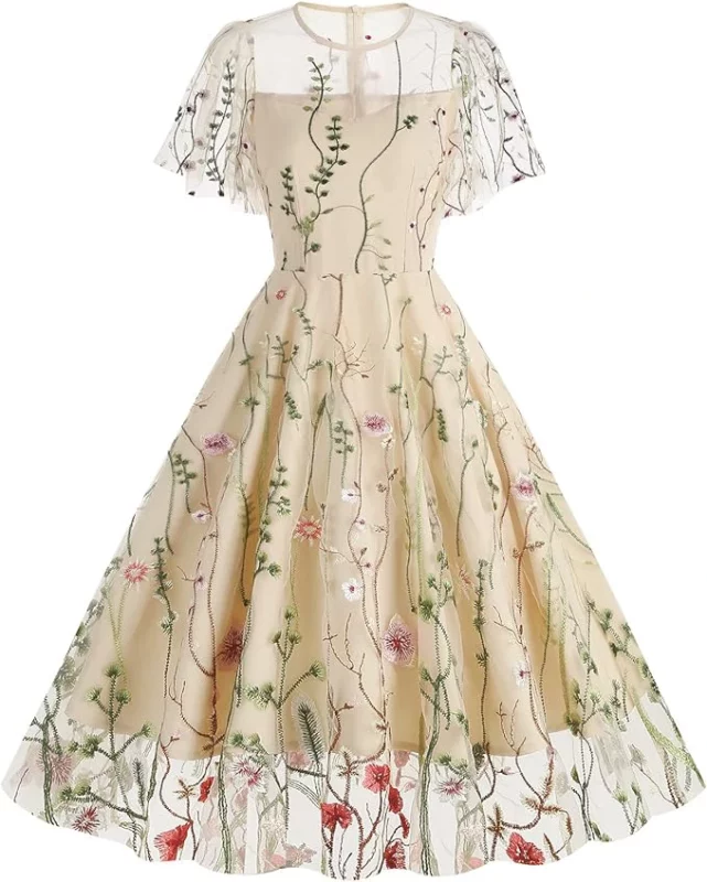 folklore dresses - IWEMEK Women Keyhole Floral Embroidery Dress