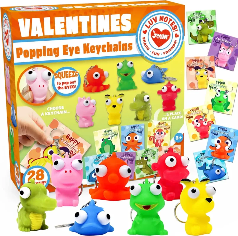 best valentine gifts for kids aged 8-12 - JOYIN 28 Packs Valentine's Day Gift Card with Popping Eyes Animal Keychains