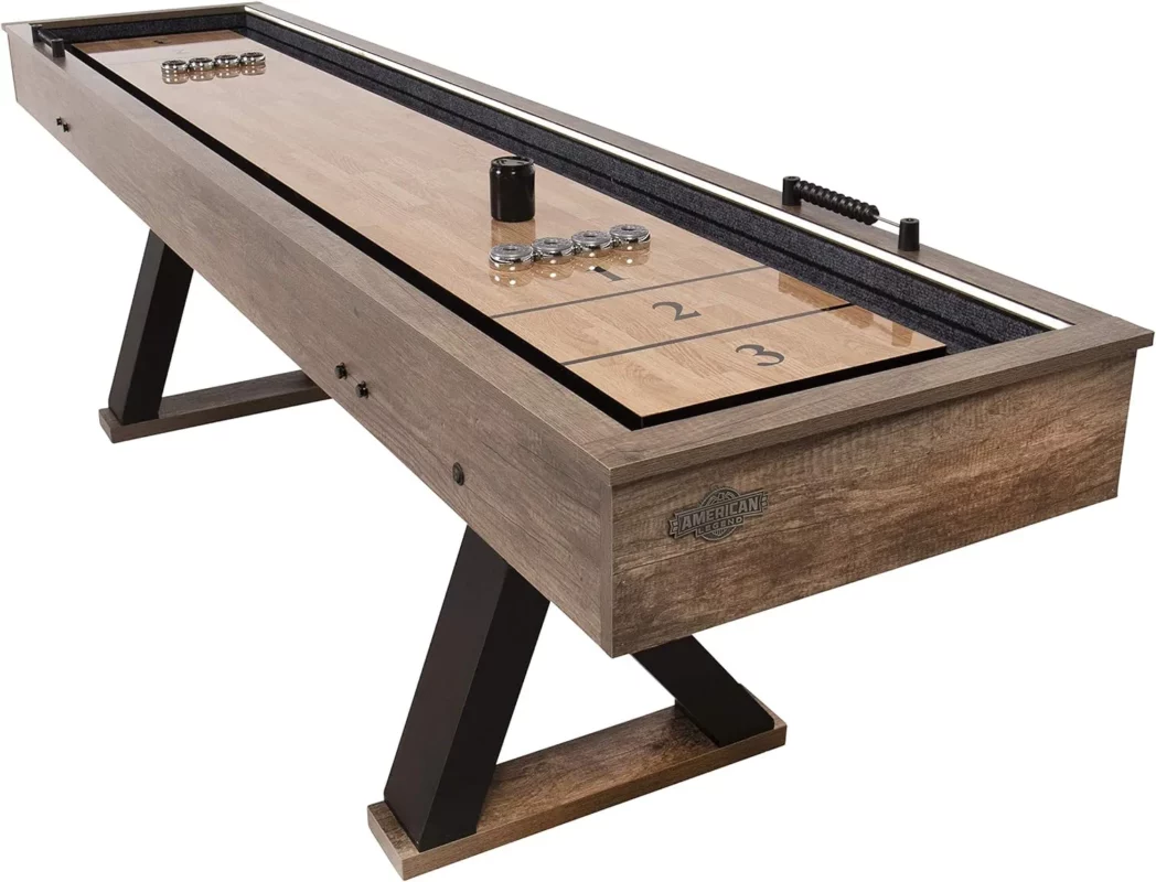 shuffleboard buying guide - American Legend Kirkwood 9’ LED Light Up Shuffleboard Table with Bowling