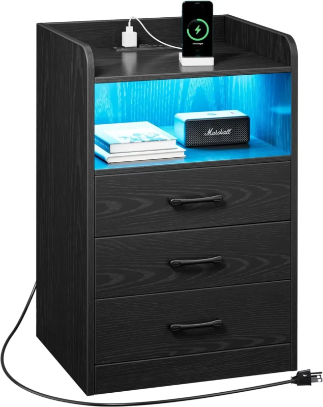 nightstand buying guide - SUPERJARE Nightstand with Charging Station and LED Light Strips